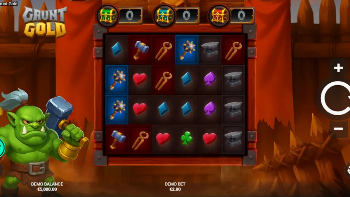 Giao diện trò chơi slot Grunt Gold với chủ đề chiến binh Orc và kho báu