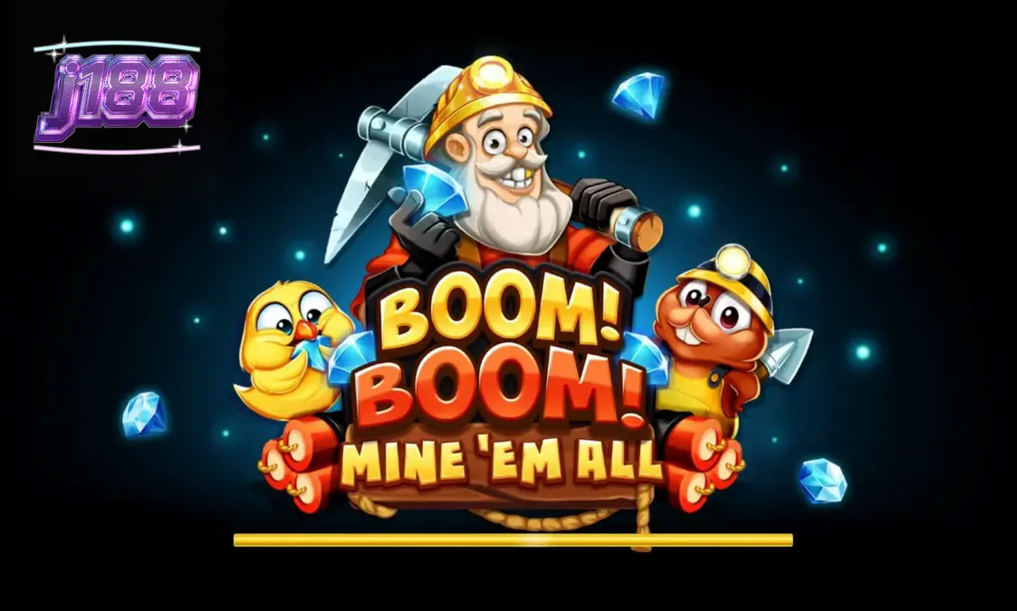 Giao diện trò chơi slot Boom! Boom! Mine ‘Em All với chủ đề khai thác mỏ